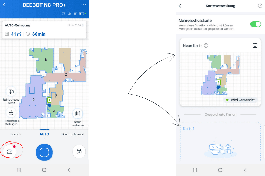 Speicherung mehrerer Karten in der Ecovacs Home App